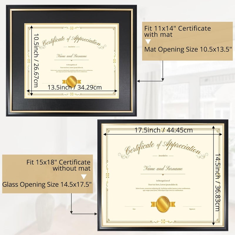 Hodeframe 15x18 Diploma Frame for 11x14 Certificate/Document/Picture with Black and Gold Mat, Solid Wood Degree Frame, UV Protection Acrylic ，Wall Display - Image 2